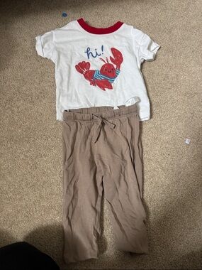 White & Red Kids Tee with Red Lobster Graphic + Tan Pull-On Pants